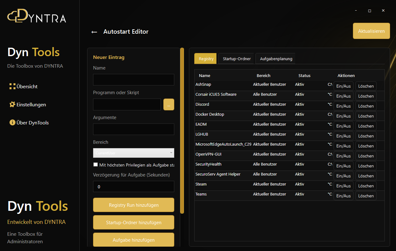 Autostart Editor in DynTools mit Registry-, Startup- und Aufgabenplanungseinträgen