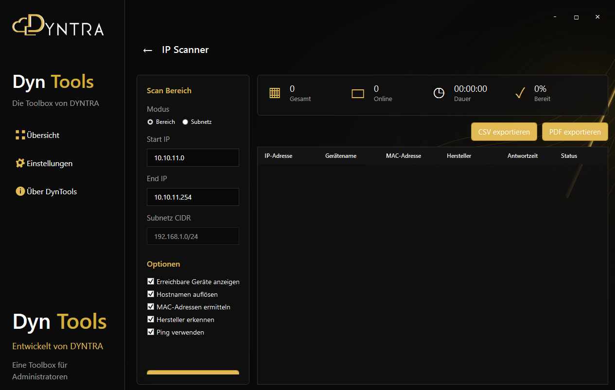 IP Scanner in DynTools mit Scanbereich, Optionen und Ergebnisliste