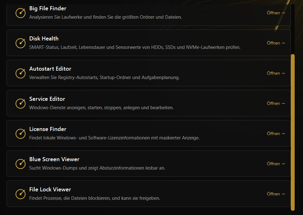Listenansicht verschiedener DynTools-Werkzeuge